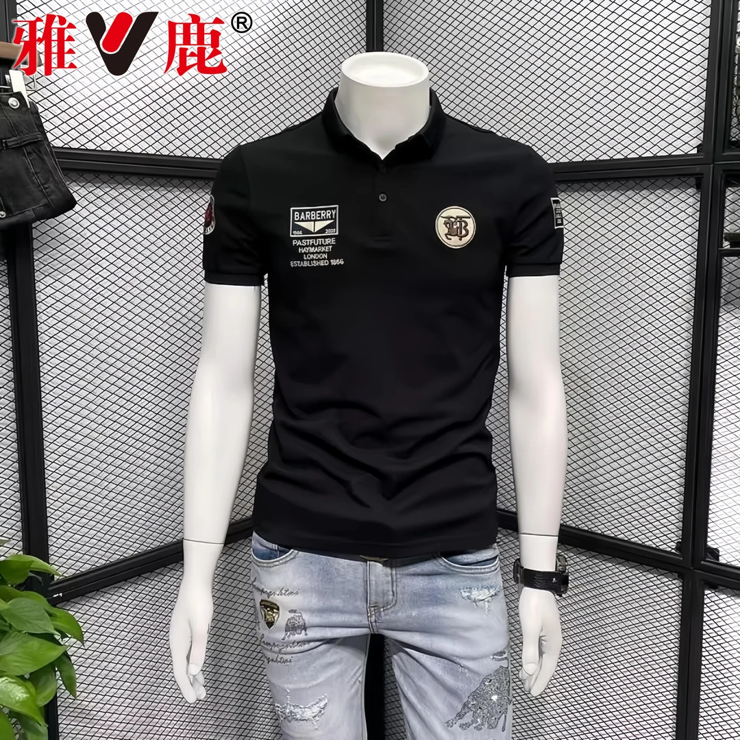 V/雅鹿夏季潮牌刺绣时尚翻领短袖T恤男士时尚潮流休闲修身POLO衫