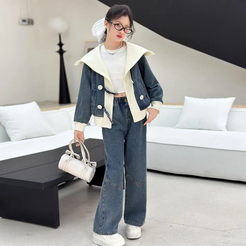 女童春秋套装2025大童春装牛仔披肩拼接外套阔腿裤网红休闲两件套