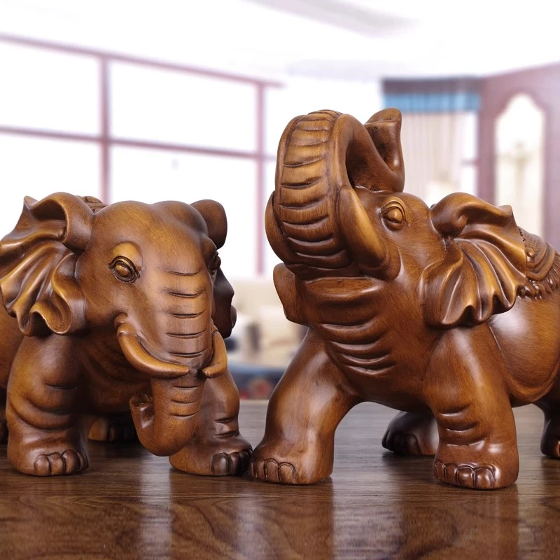 实木雕招财大象摆件一对工艺品客厅玄关办公室桌装饰乔迁新居礼品