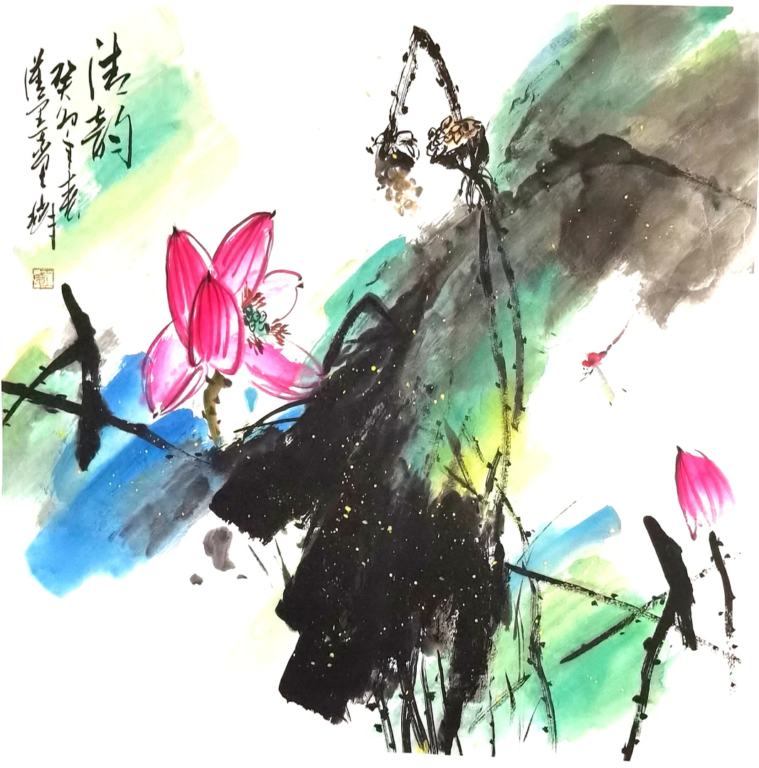 荷花国画四尺斗方宣纸软片适用于客厅装饰