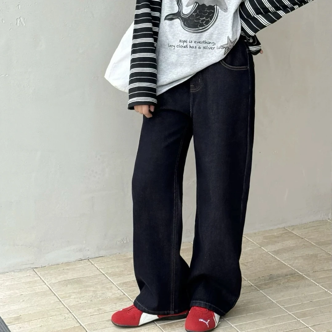 788-深樱桃刺绣mochier沫弛尔女大童2025冬季新品加绒加厚牛仔裤