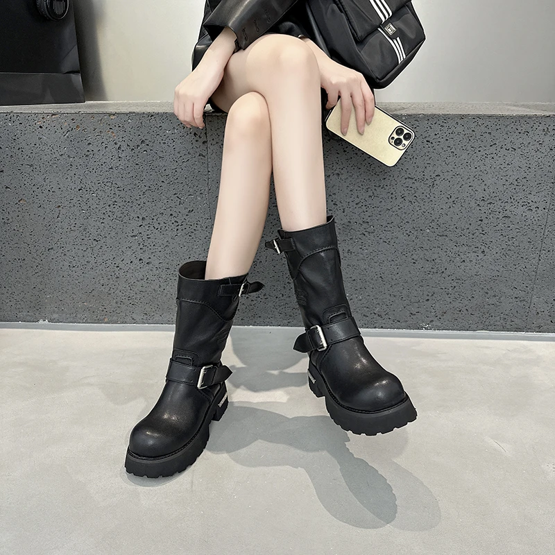 Zion 四季款丨巴家毒液靴6cm增高二条皮带扣中筒一脚蹬马丁靴