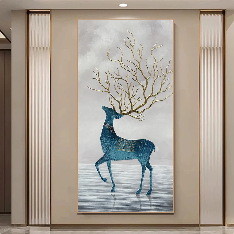《福禄双至》孔雀蓝色系金箔客厅走廊过道简约现代装饰画