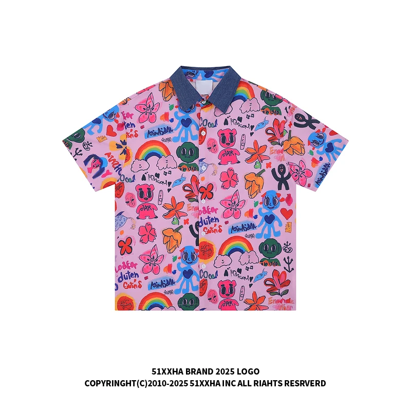 51嘻哈美式多巴胺涂鸦印花短袖衬衫男女夏季沙滩休闲宽松个性衬衣