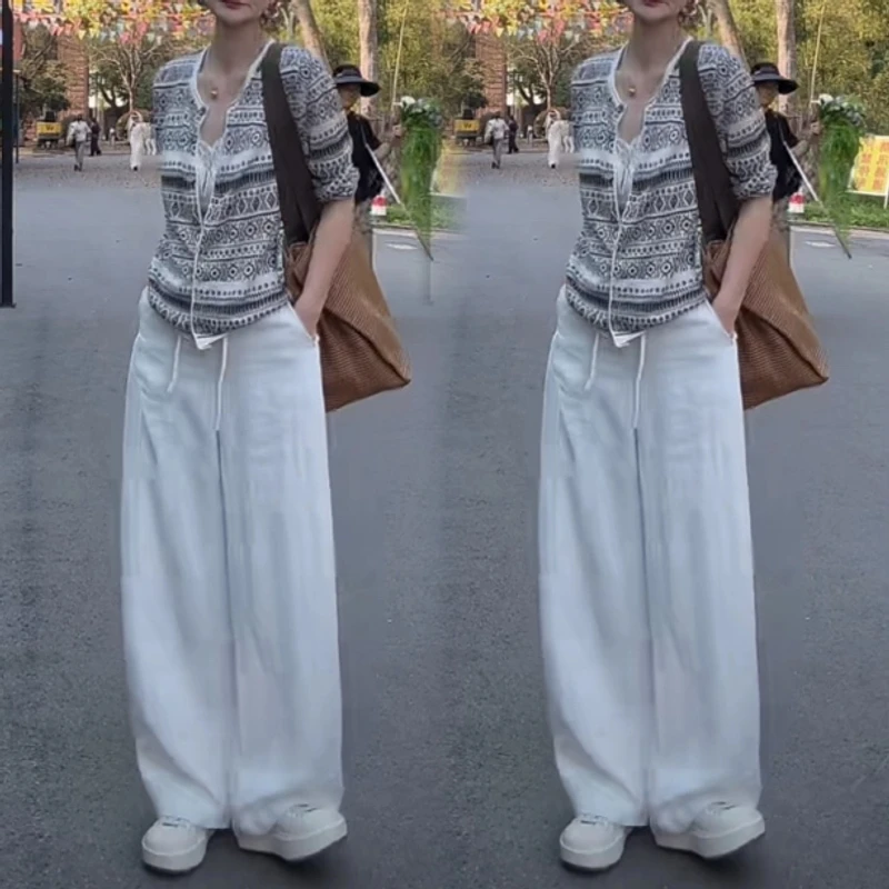 亚麻弯刀裤子女夏季设计垂感老钱风阔腿裤亚麻宽松显瘦直筒休闲裤