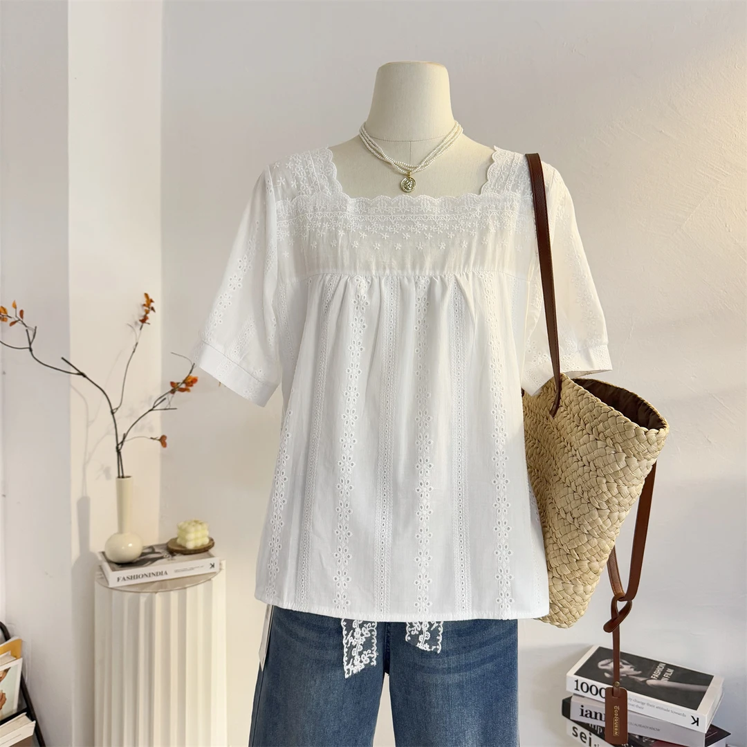 白色镂空刺绣法式方领短袖衬衫女2025夏季设计感减龄韩系小衫上衣