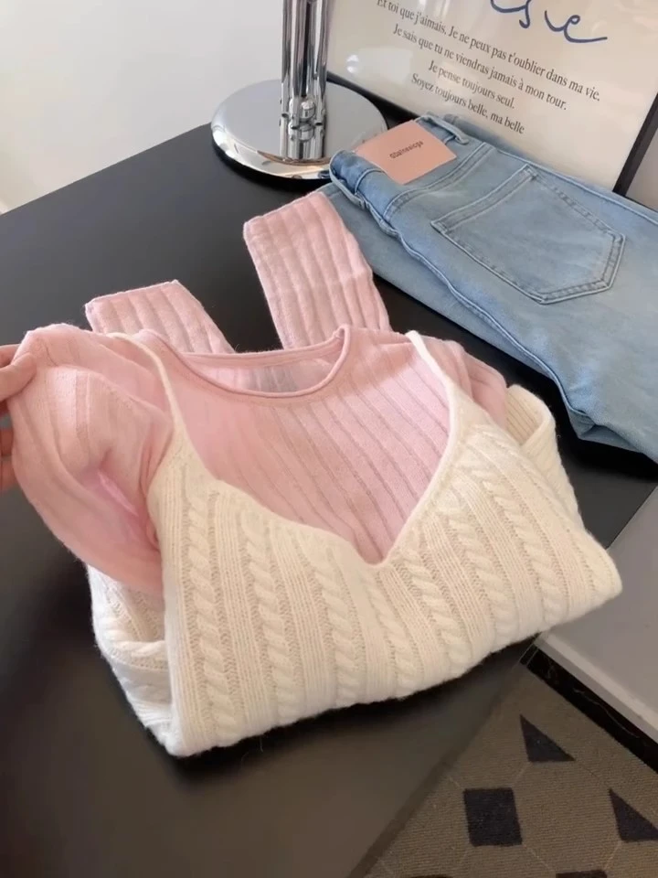 慵懒风撞色两件套打底衫女2025秋季新款长袖坑条针织衫百搭上衣潮
