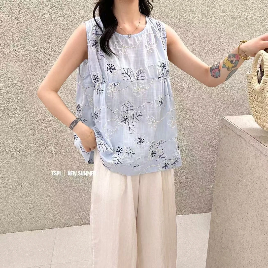 MISS RUILI  定制  复古气质刺绣无袖衬衣设计感背心上衣F0655