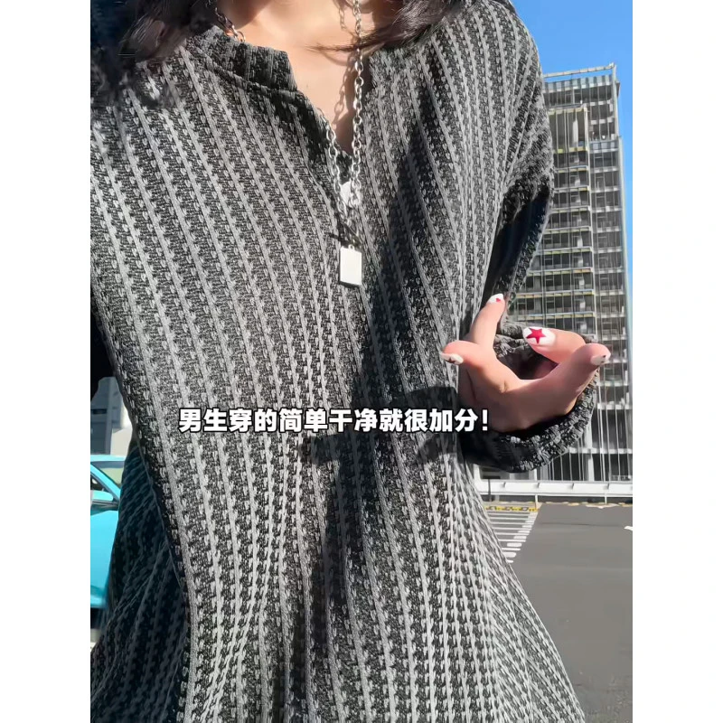 muxiaofei/慕小菲小香风鱼骨纹V领男女秋季慵懒风潮牌打底衫长袖