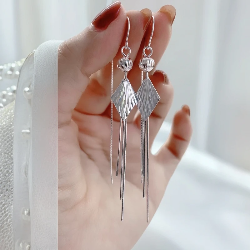 足银耳饰 足银精工简约百搭车花菱形圆珠防丢耳线