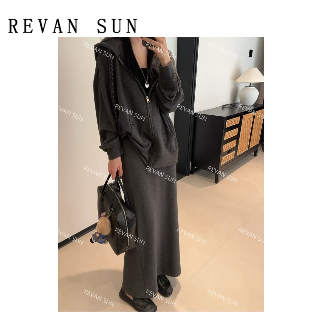 REVAN SUN -大骨架穿搭 柠芯 连帽半裙套装Q71372