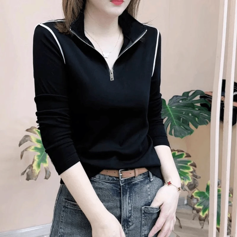 翻领打底衫女秋季新款半拉链长袖休闲百搭显瘦洋气时尚翻领t恤T