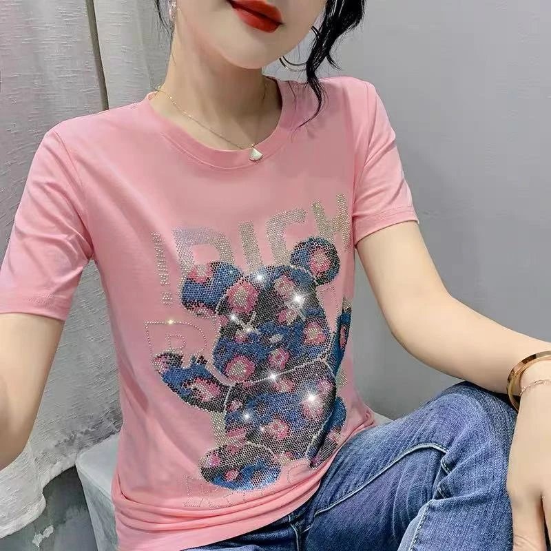（801-1000）欧货时尚百搭烫钻潮流上衣春夏女棉短袖