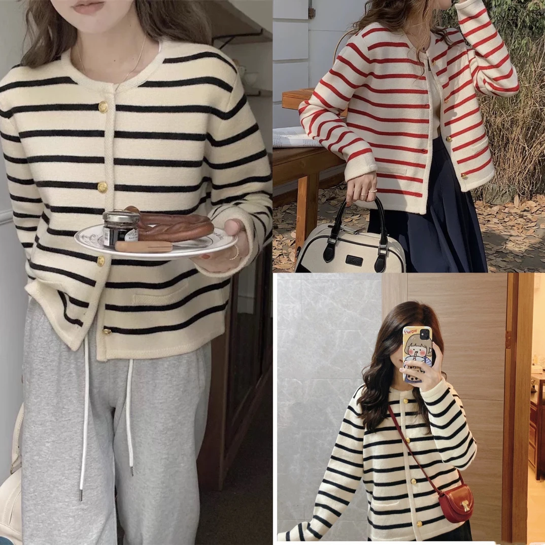 秋冬100全羊毛条纹小香风针织开衫