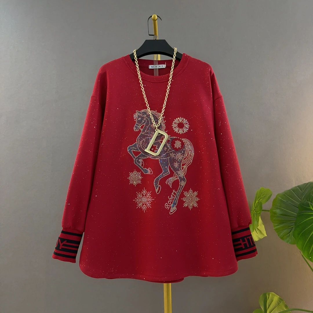 胖妹妹圆领新款重工烫钻马到成功卡通宽松长袖大码休闲女装上衣