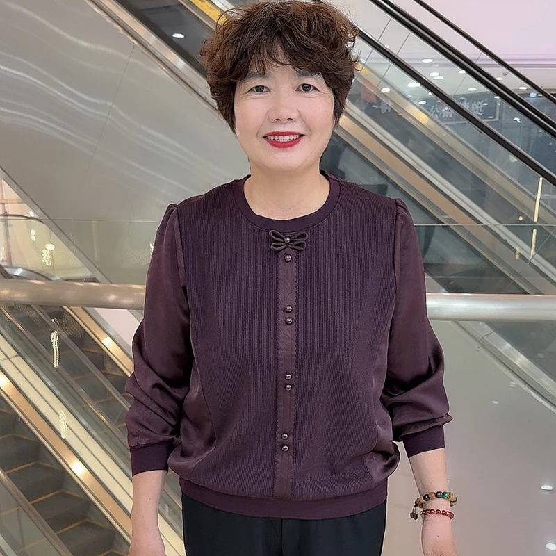 24810 春秋中老年洋气妈妈装休闲圆领百搭简约宽松长袖上衣