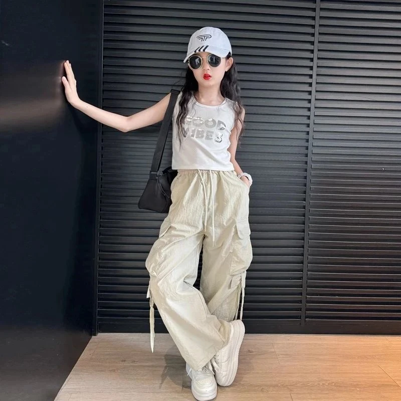 女童裤子夏薄款2025新款儿童速干工装裤夏季女孩大童潮酷穿搭套装