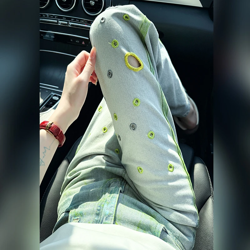 镂空染色破洞牛仔裤女2025年新款夏季薄款裤子高腰显瘦窄版直筒裤
