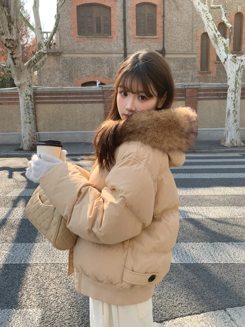 美式复古可拆卸毛领短款棉服女秋冬季韩系宽松加厚保暖面包服棉衣