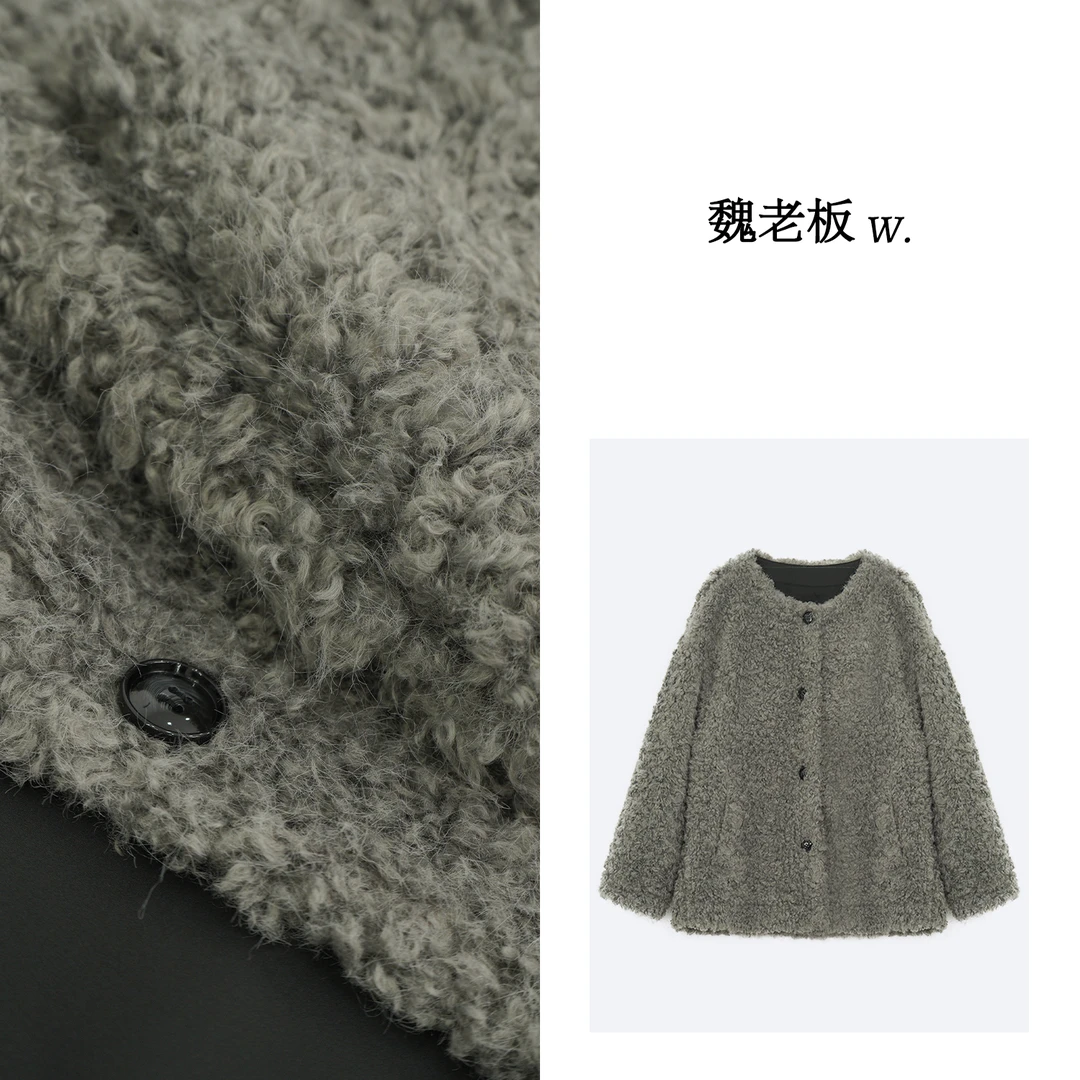 W.Diva【雨蝶】慵懒风简约H版型长袖毛毛外套34C251093