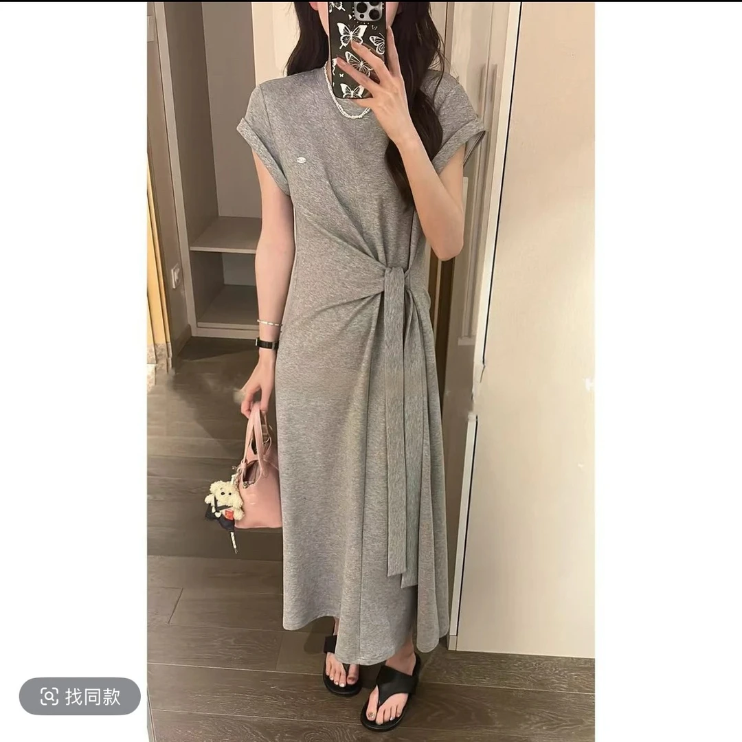 T气质休闲灰色短袖绑带连衣裙2025夏季收腰长裙#8206