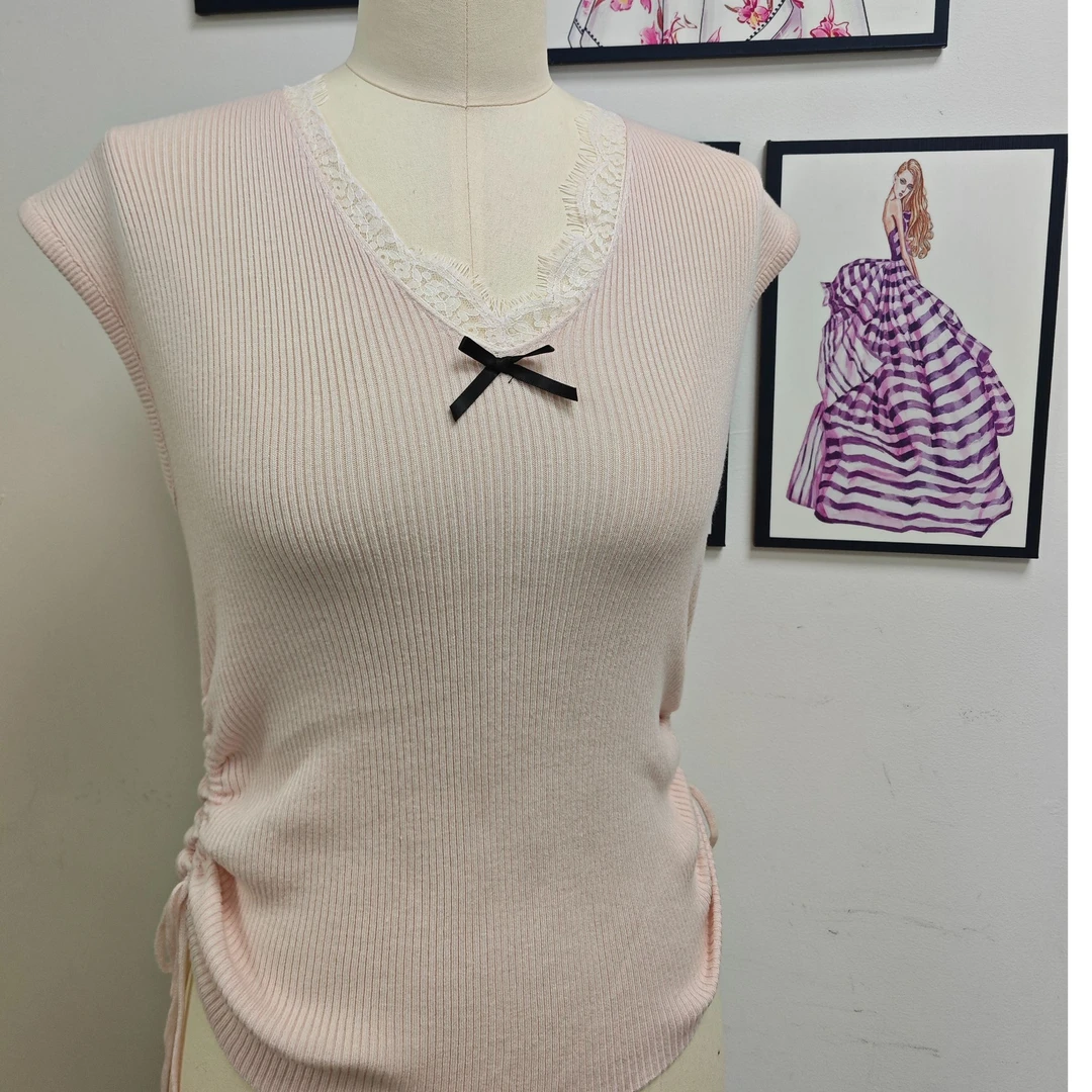 法式V领无袖针织T恤女夏季修身设计感抽绳上衣