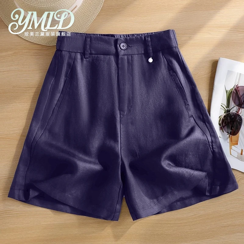 藏青色亚麻短裤女夏季2026新款小个子宽松中裤高腰阔腿苎麻五分裤