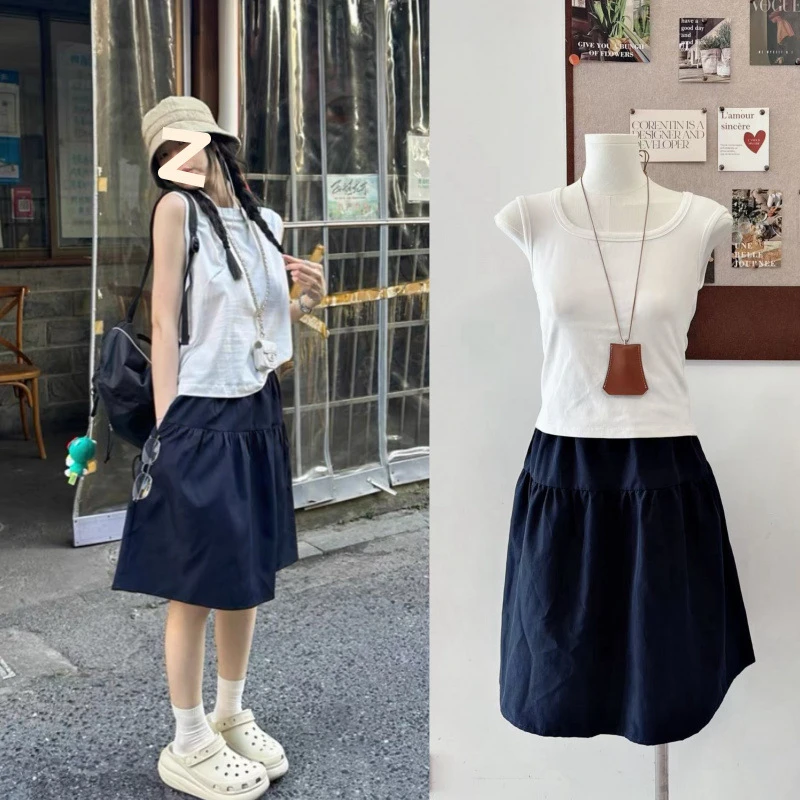 日系百搭松紧腰半身裙子女夏季百搭高腰显瘦A字藏青色休闲短裙薄