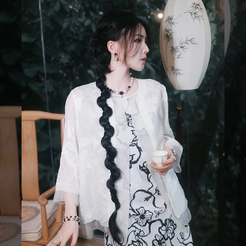 溶溶【月光幻蝶】100桑蚕丝圆领假两件重工国风提花刺绣开衫外套