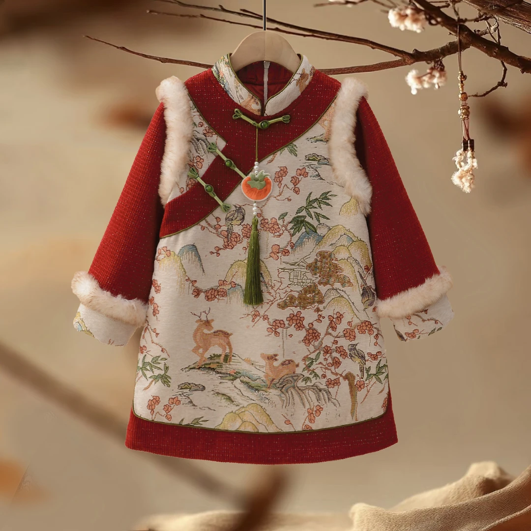 YF975拼色柿柿如意儿童夹棉连衣裙