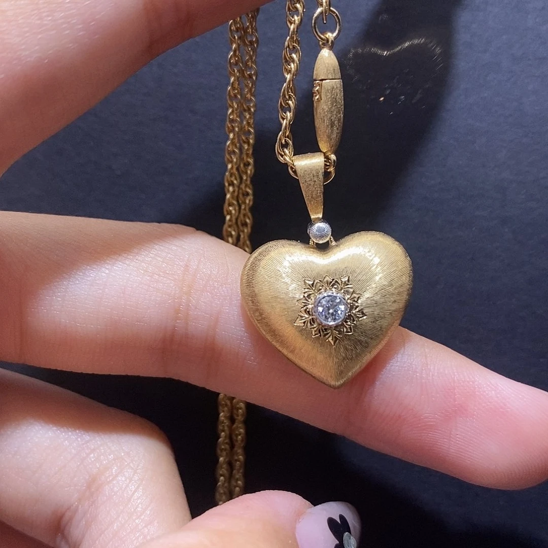 颈饰钻石18K金镶嵌爱心拉丝单钻项链k黄