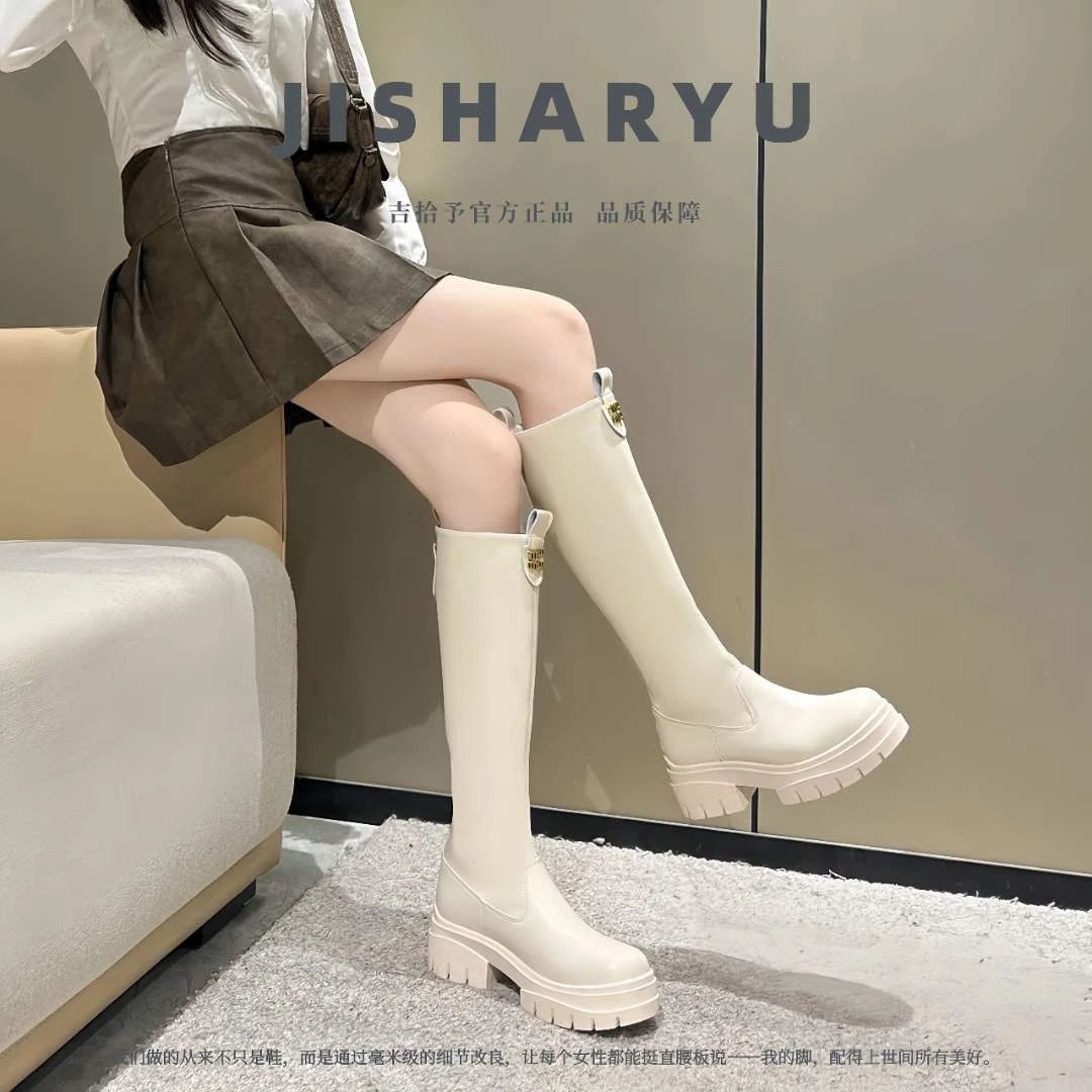 加肥加宽大码女靴新款直筒斩男神器净面厚底长筒骑士靴JS59223
