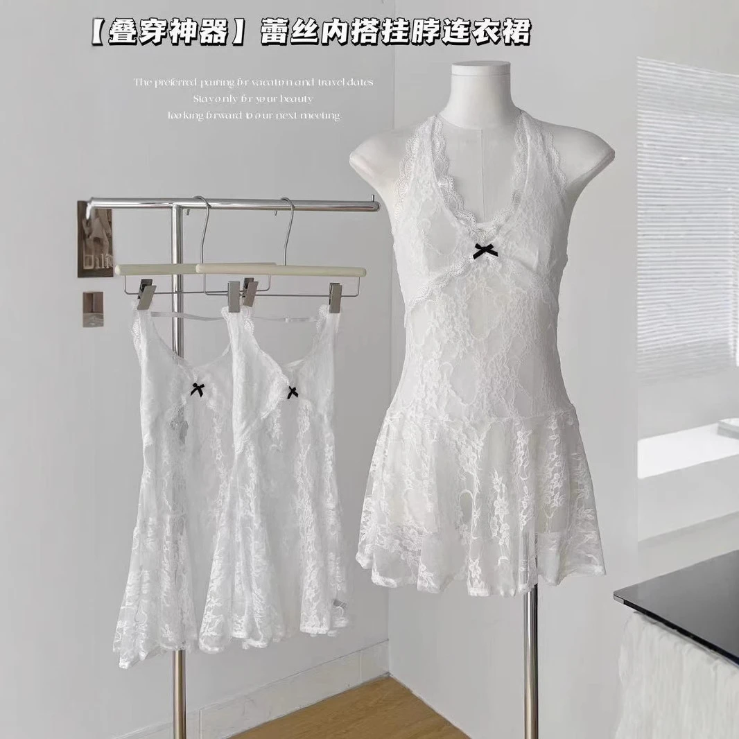 叠穿神器甜辣性感蕾丝挂脖连衣裙女早秋薄透修身打底字小短裙潮