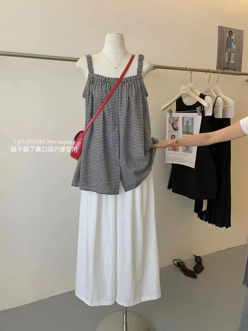 韩系ins甜美气质a字格纹吊带背心+松紧腰阔腿休闲裤套装