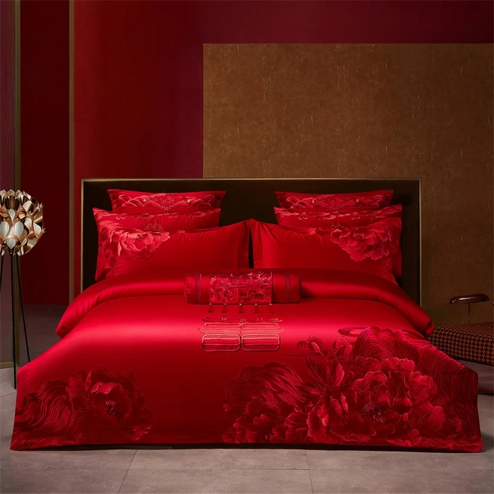 140支婚庆床品大红色【花期如梦】全棉高端套件 精美花卉刺绣款式