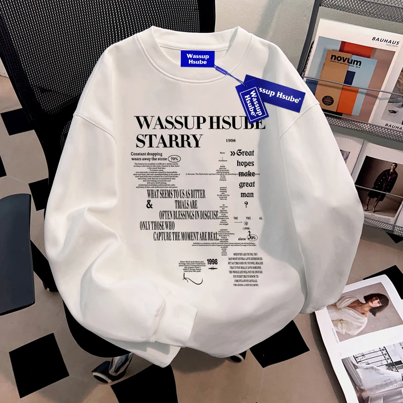 WASSUP HSUBE重磅纯棉白色内搭长袖t恤男士2025秋冬宽松打底上衣