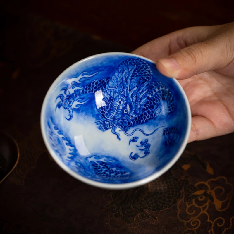 【彧兮竹柴窑】龙纹普洱杯手工手绘喝茶主人杯景德镇茶具