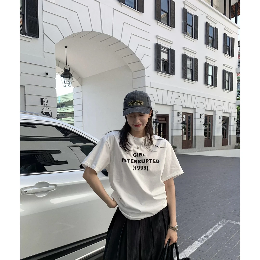 10573#韩系简约小众圆领休闲字母印花短袖