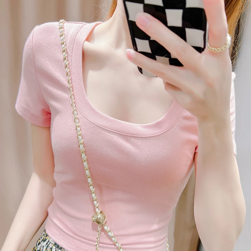 粉色大u领正肩短袖t恤女装小个子收腰短款打底衫夏季新款纯欲上衣