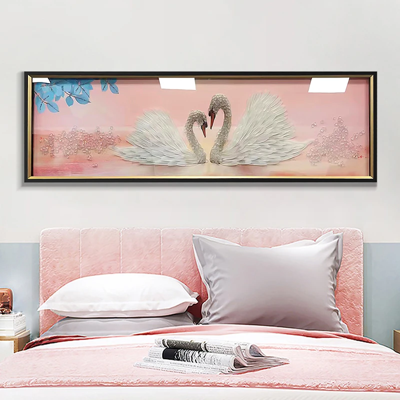 手工装饰画高端立体实物画卧室客厅镶嵌羽毛恩爱天鹅50150