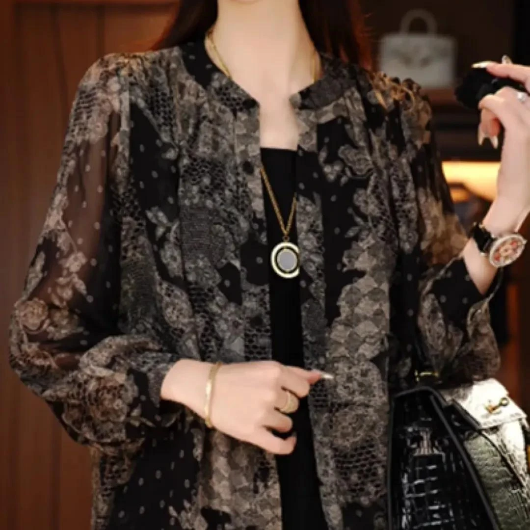 2025夏季衬衫显瘦开衫设计感休闲宽松遮肉长袖上衣时尚雪纺衫W351