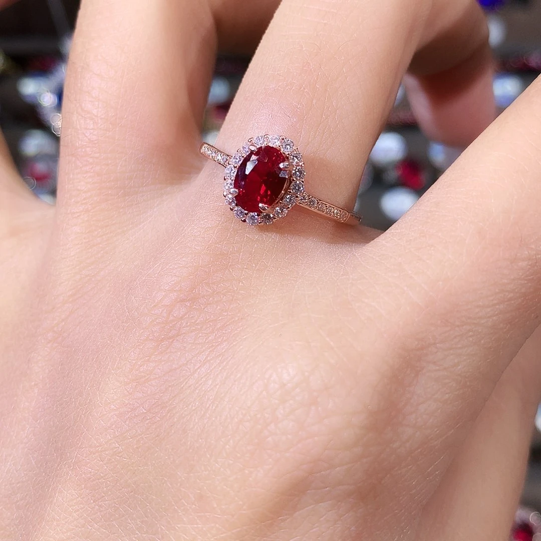 银S925镶嵌戒指红宝石酒红玫瑰金57