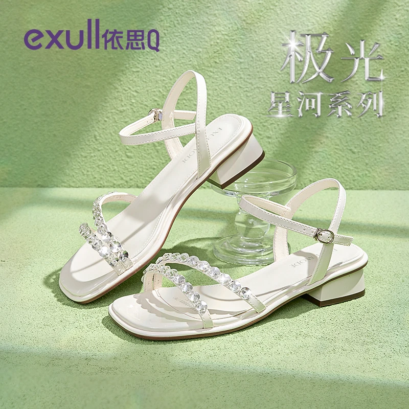 依思q凉鞋女款2025新款夏外穿高跟鞋仙女风配裙子水钻一字带凉鞋