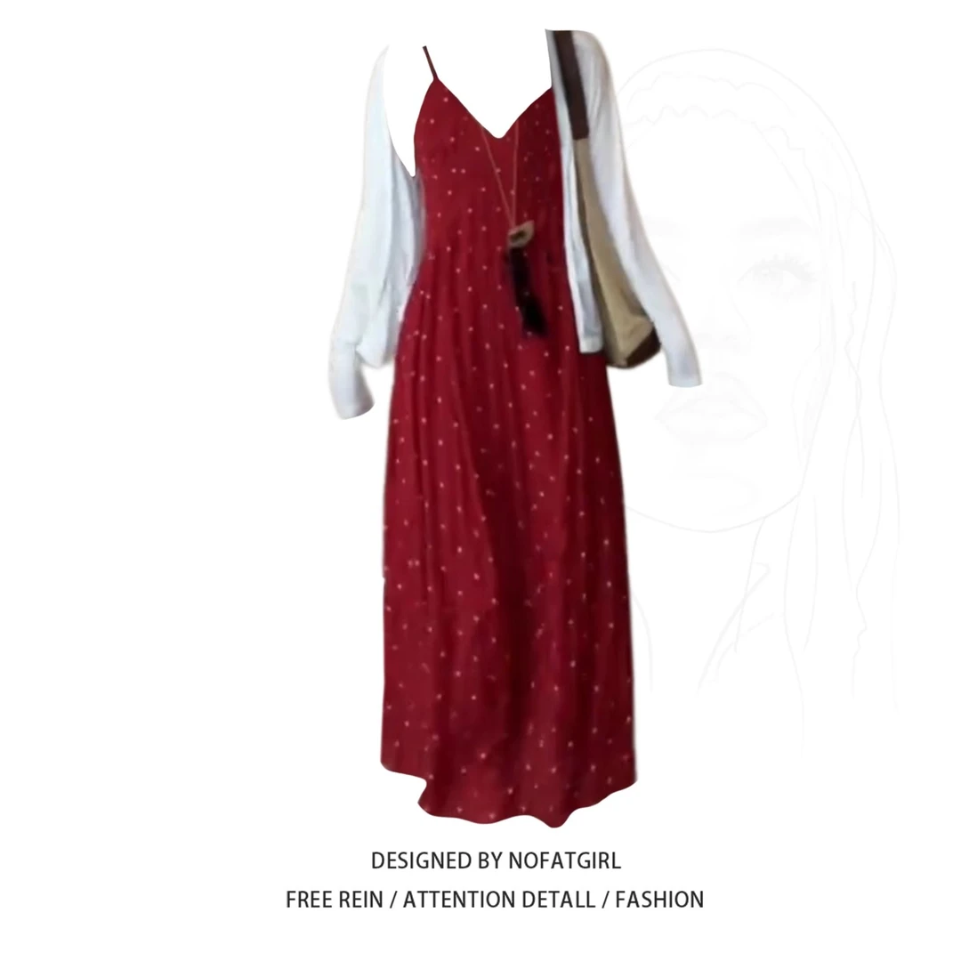 大码胖妹妹法式纯欲风波点吊带连衣裙女夏季短款防晒开衫度假套装