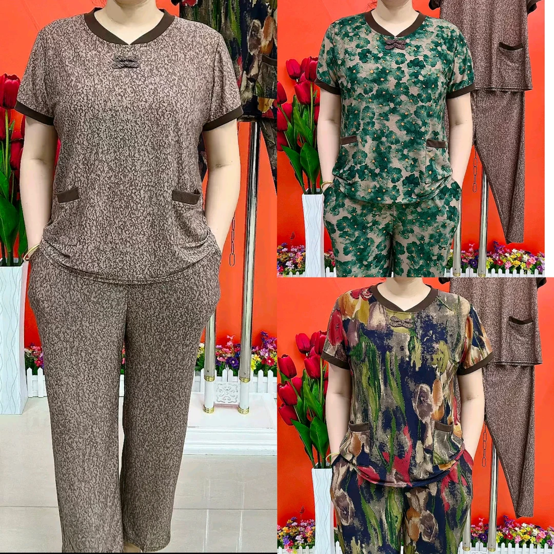 夏季新款双盘扣冰丝套装上衣裤子妈妈装两件套百搭