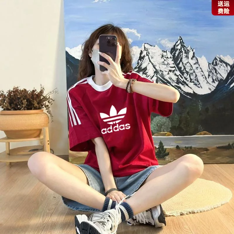 奥特莱斯美式印花三条杠短袖T恤男女夏季新款百搭宽松纯棉上衣K