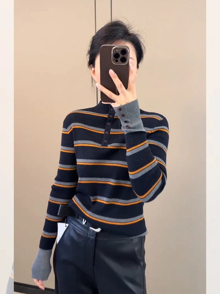 小香风条纹纽扣立领长袖针织衫女秋冬韩系穿搭毛衣内搭打底衫上衣