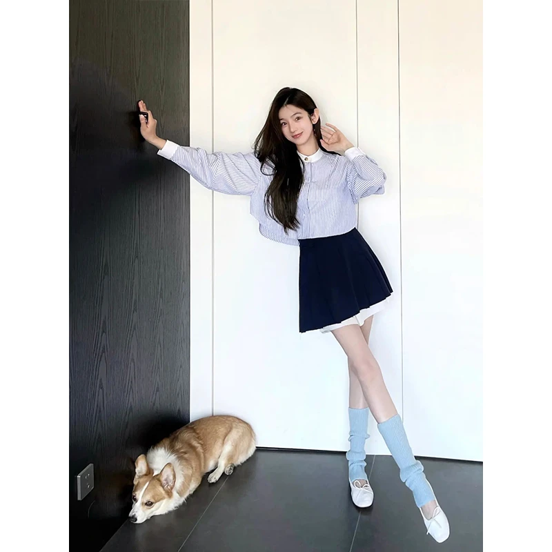 （新品）财阀千金套装减龄条纹上衣学院风高腰半身裙两件套女