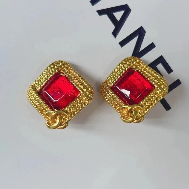 95新 Chanel/香奈儿 Chanel vintage香奈儿中古编织红琉璃耳夹