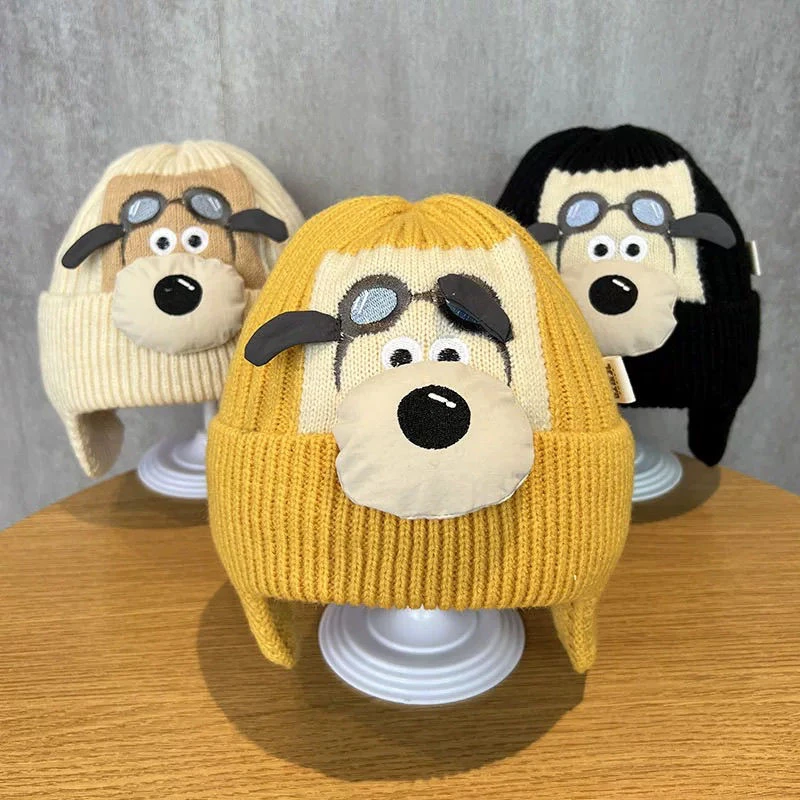 飞机狗儿童帽子秋冬款保暖护耳帽宝宝针织帽韩系男女童毛线套头帽